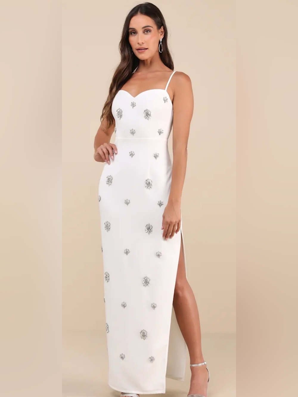 Lulu's Completely Regal White Rhinestone Sleeveless Column Maxi Dress